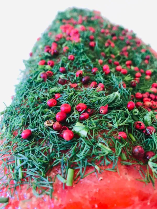Stained (graved) salmon trout with fresh dill and pink berries