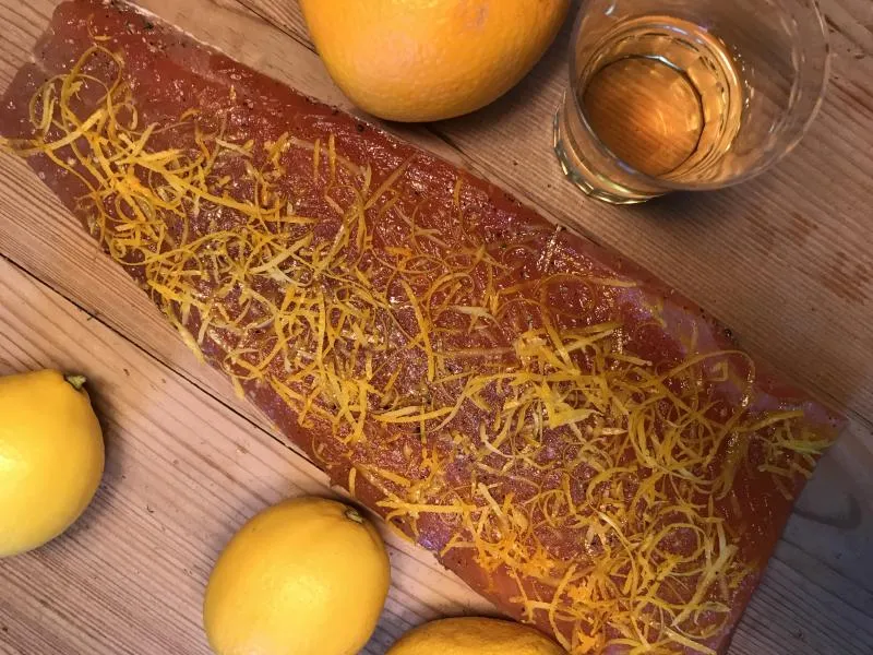 Graved salmon with grappa from Nebbiolo grape, lemon and orange zest