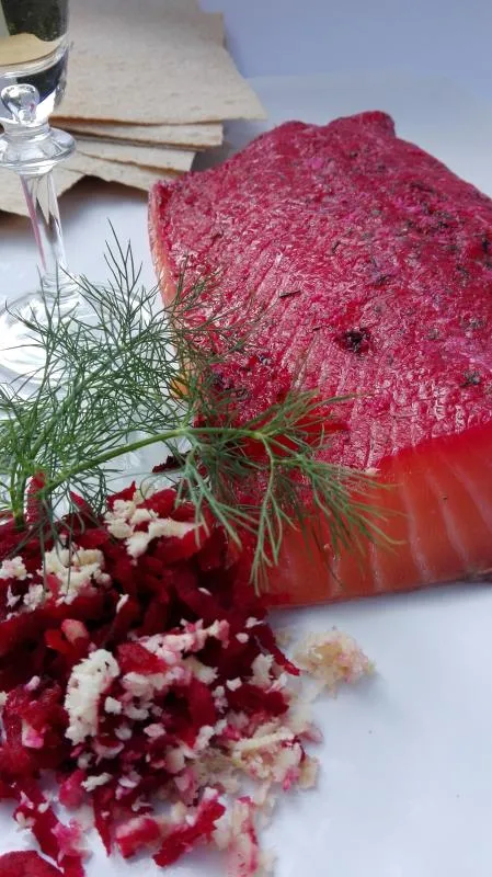 Salmon marinated with beetroots, Meretich and Aquavit