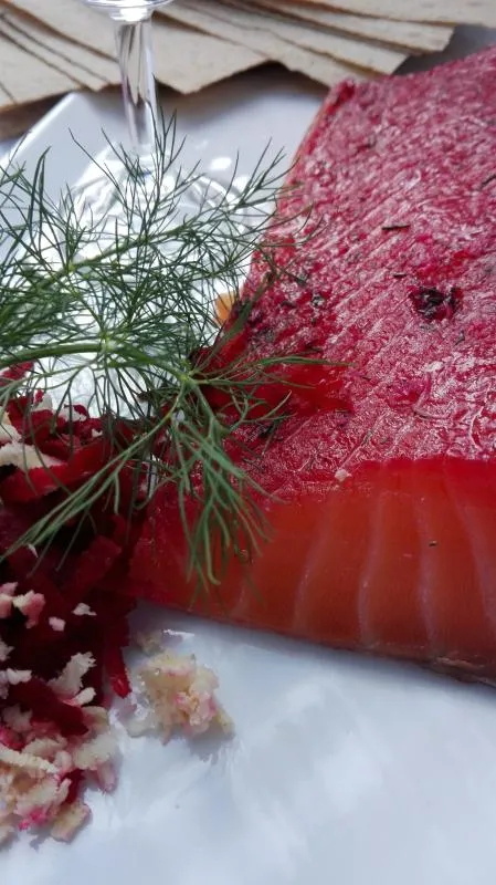 Salmon marinated with beetroots, Meretich and Aquavit
