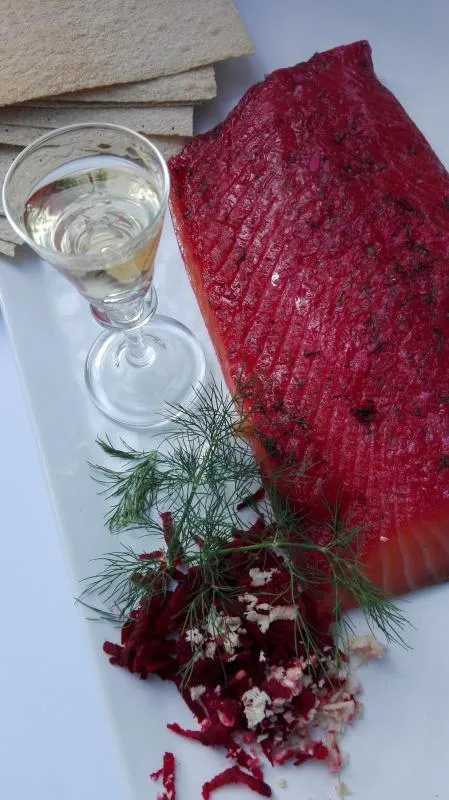 Salmon marinated with beetroots, Meretich and Aquavit