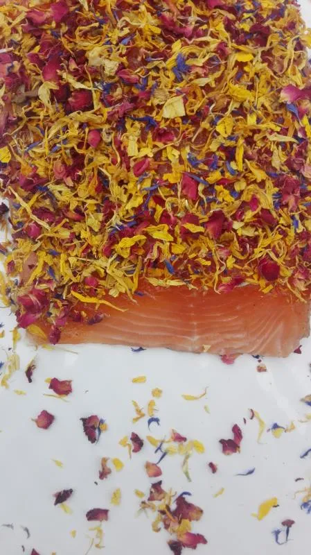 Salmon marinated with blossom mixture