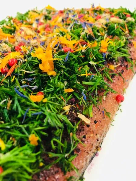 Graved Salmon "Spring" with dill, pink berries, saffron flowers, cornflower blossoms, orange peel 300g