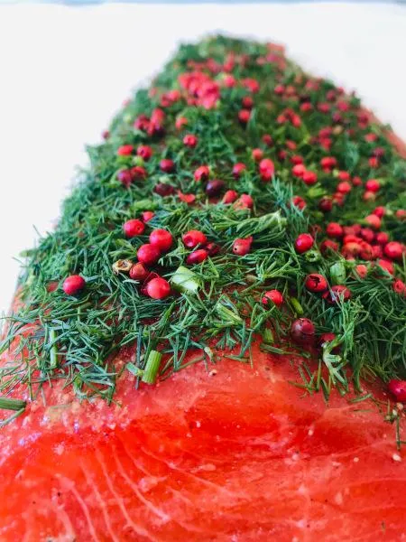 Stained (graved) salmon trout with fresh dill and pink berries