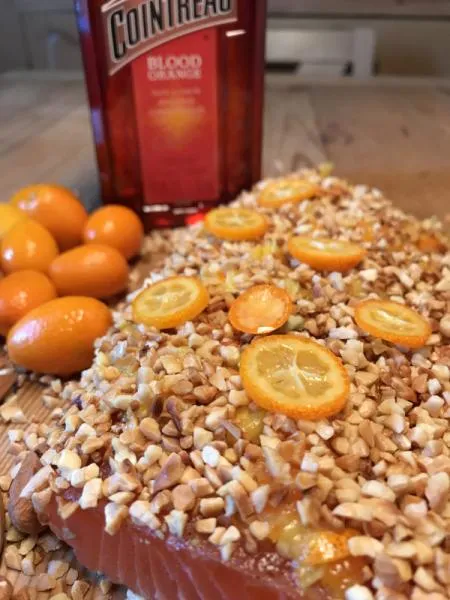 Graved salmon with blood-orange cointreau, roasted almonds and kumquats 300g