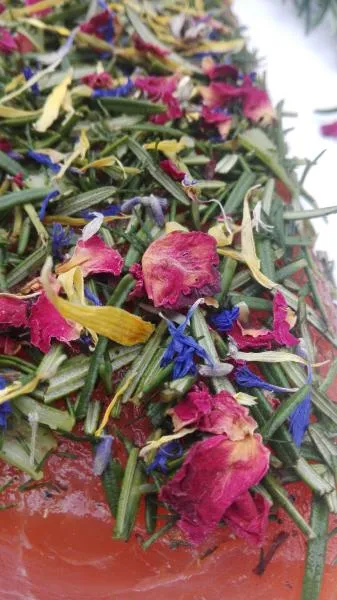 Salmon marinated with rosemary, dill and flower mix