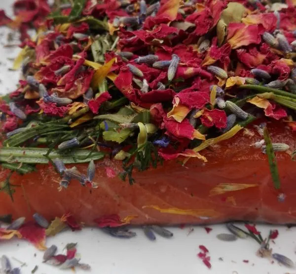 Lachs gebeizt mit Rosmarin, Dill und Rose/Lavendel