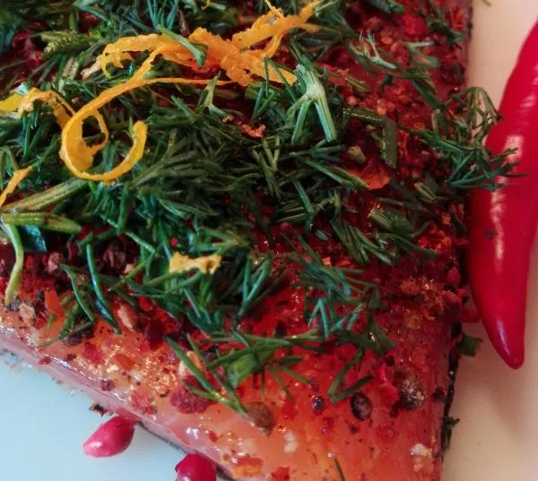 Marinated--salmon--Graved--South-America-with-gold-particles